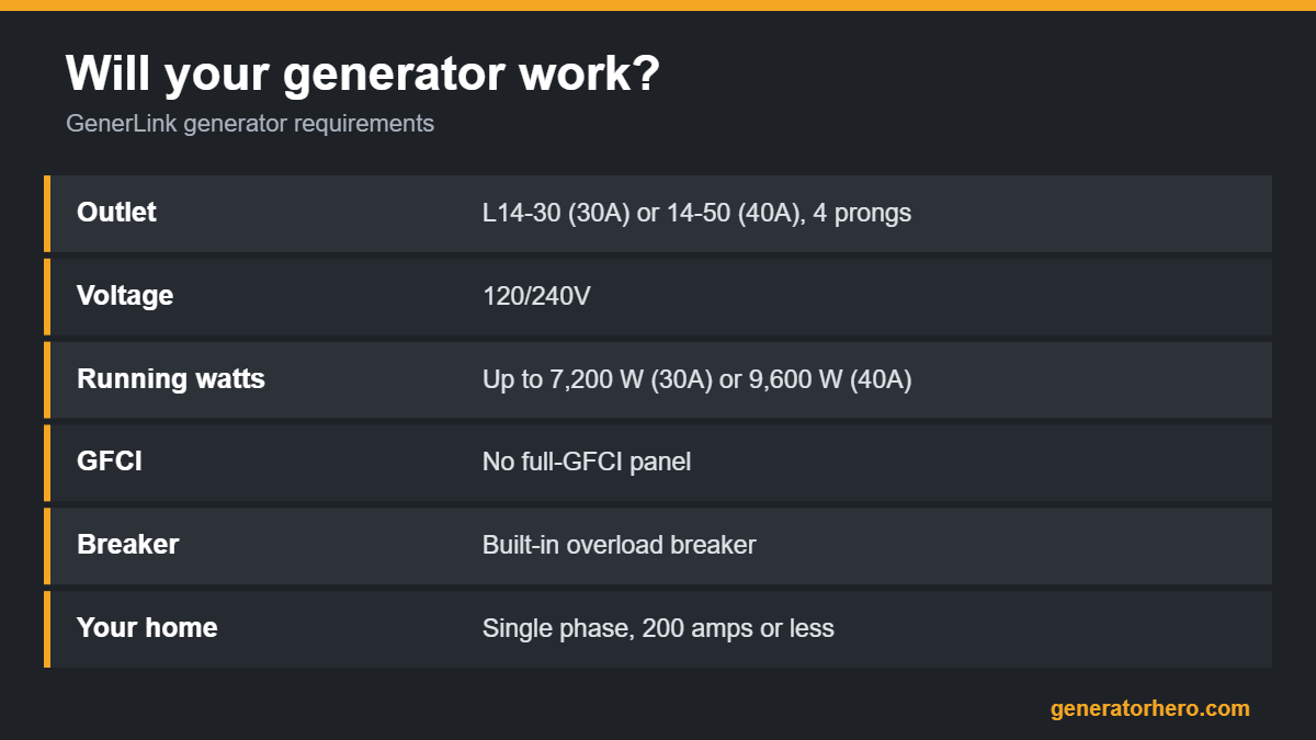 GenerLink generator requirements: L14-30 or 14-50 outlet, 120/240V, up to 9,600 running watts, no full-GFCI panel