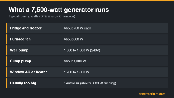 Chart of what a 7,500-watt generator can run